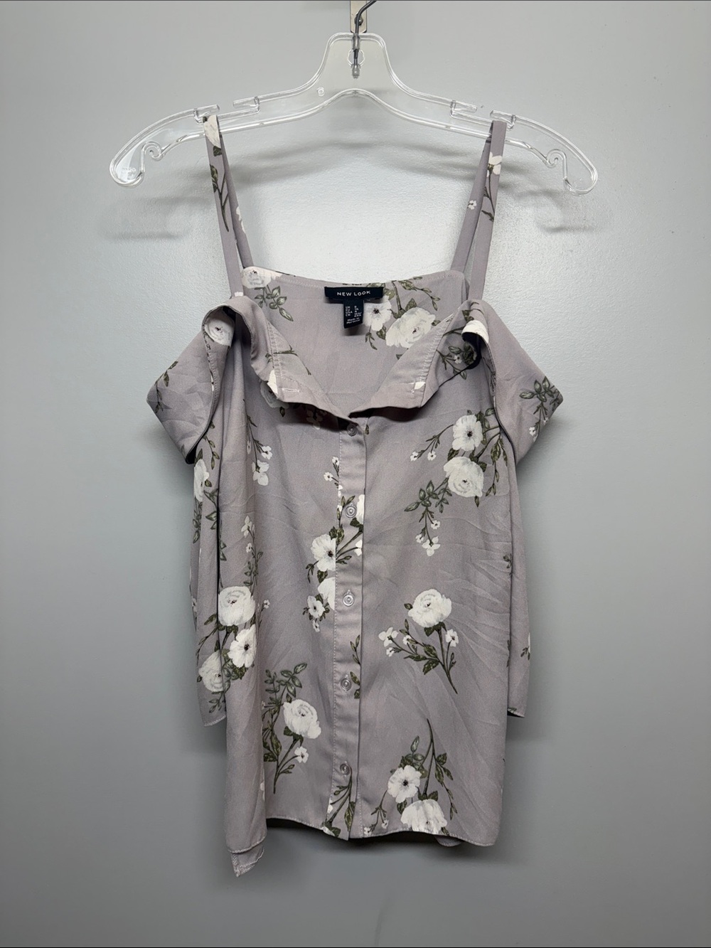 New Look Grey Floral Cold Shoulder Long Sleeve Blouse